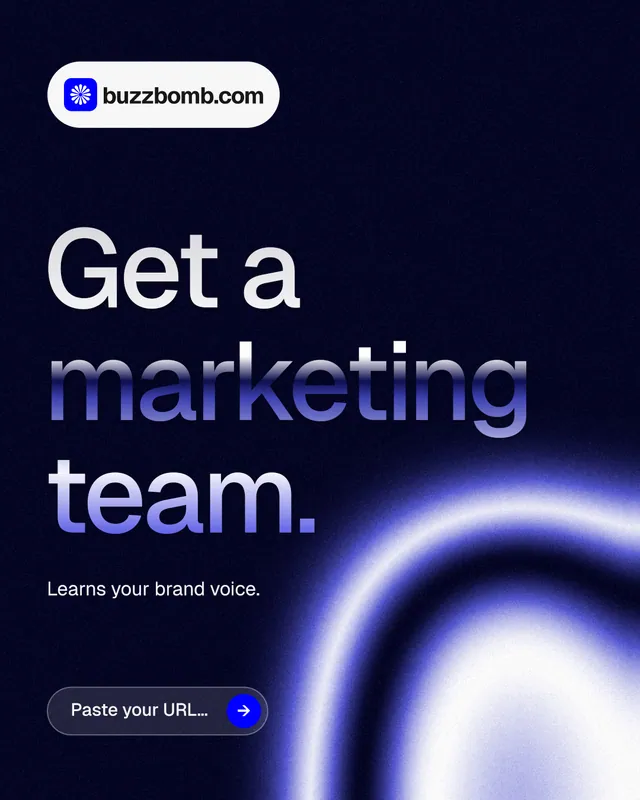 Instagram portrait post for BuzzBomb: "Get a marketing team." Agentic glass style, announce layout, dark palette in black, blue.