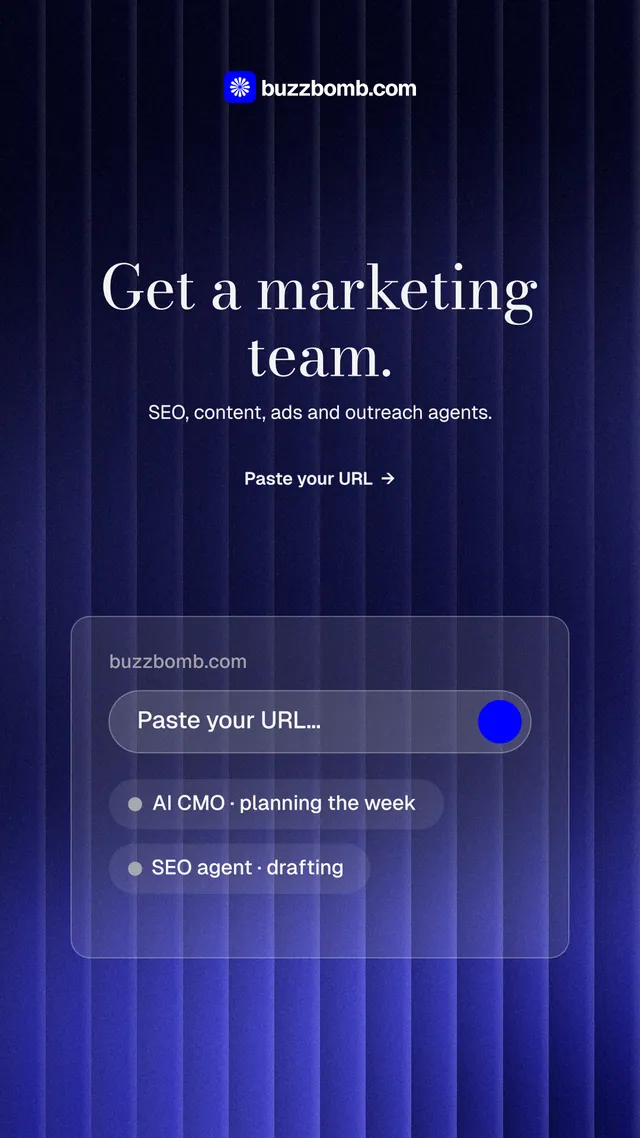 Instagram story for BuzzBomb: "Get a marketing team." Minimal luxury style, centred layout, dark palette in blue, black.