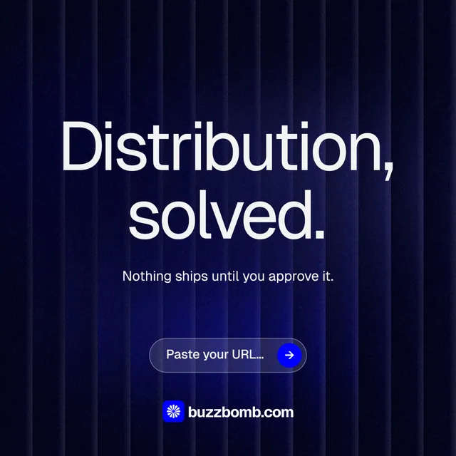 Instagram post for BuzzBomb: "Distribution, solved." Agentic glass style, centred layout, dark palette in black, blue, grey.