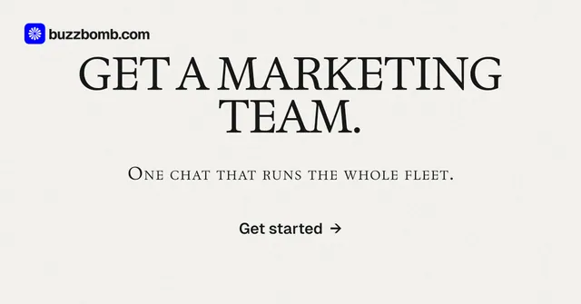 Social ad for BuzzBomb: "Get a marketing team." Swiss style, smallcaps layout, light palette in white, grey.