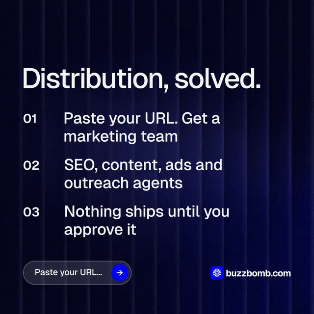 Instagram post for BuzzBomb: "Distribution, solved." Agentic glass style, numbered layout, dark palette in black, blue.