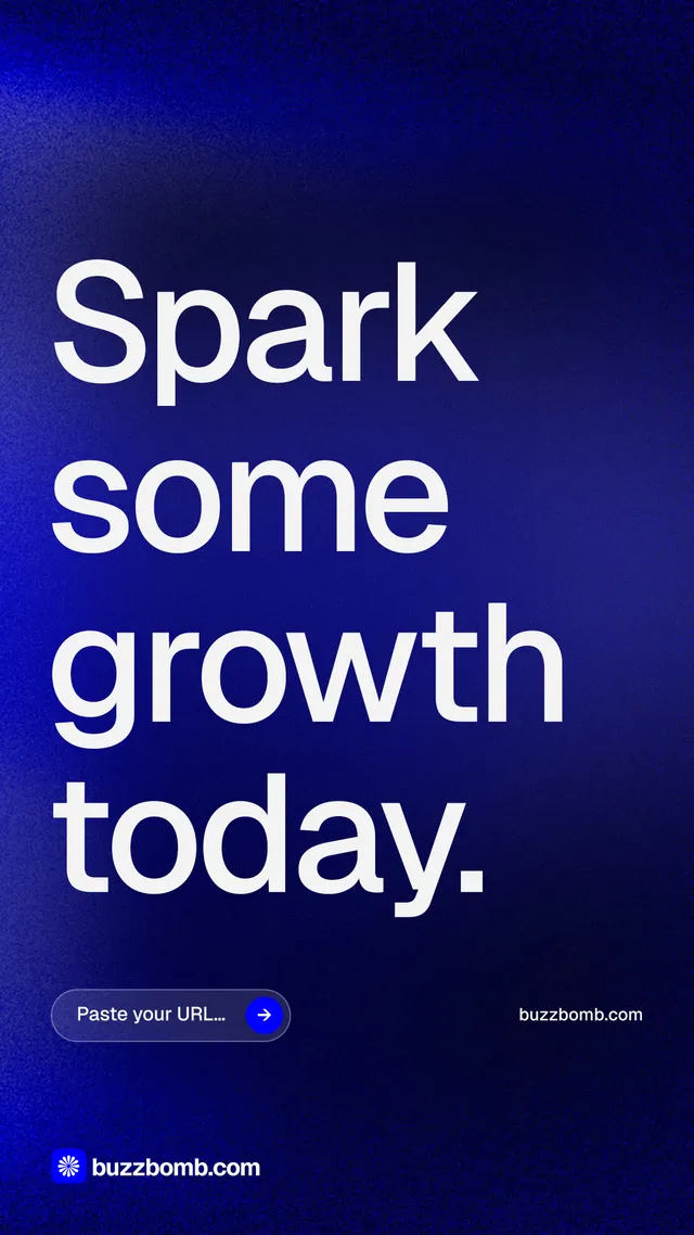 Instagram story for BuzzBomb: "Spark some growth today." Agentic glass style, poster layout, dark palette in blue.