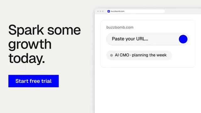 Landscape graphic for BuzzBomb: "Spark some growth today." Swiss style, browser layout, light palette in white, blue.
