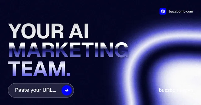 Social ad for BuzzBomb: "Your AI marketing team." Agentic glass style, poster layout, dark palette in black, blue.