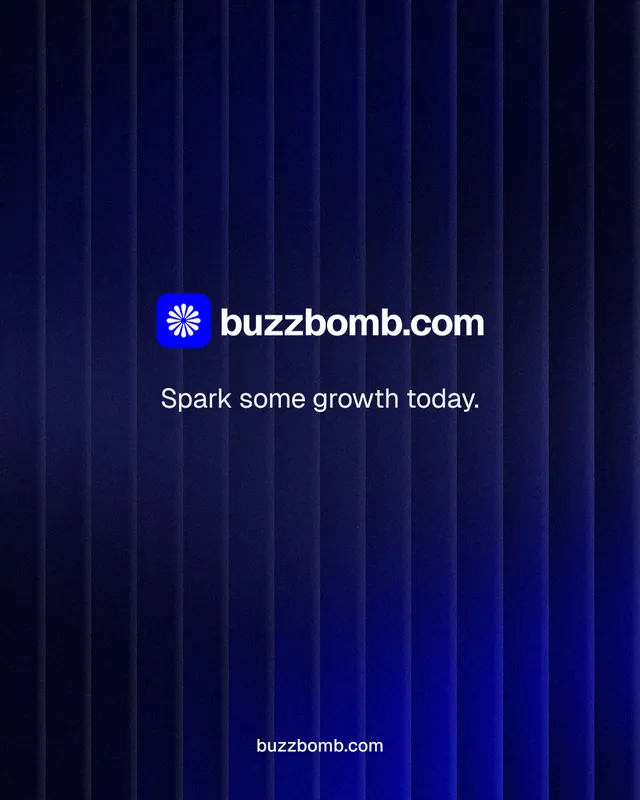 Instagram portrait post for BuzzBomb: "Spark some growth today." Agentic glass style, end card layout, dark palette in black, blue.