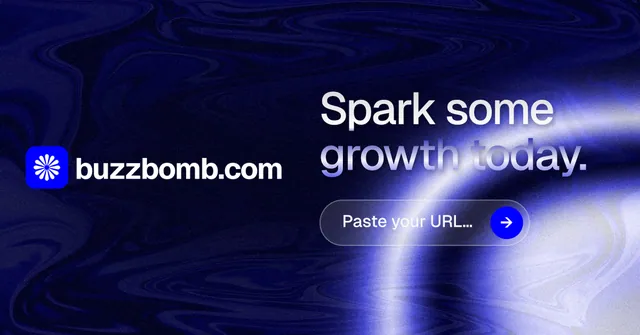 Social ad for BuzzBomb: "Spark some growth today." Agentic glass style, logo hero layout, dark palette in blue, black.