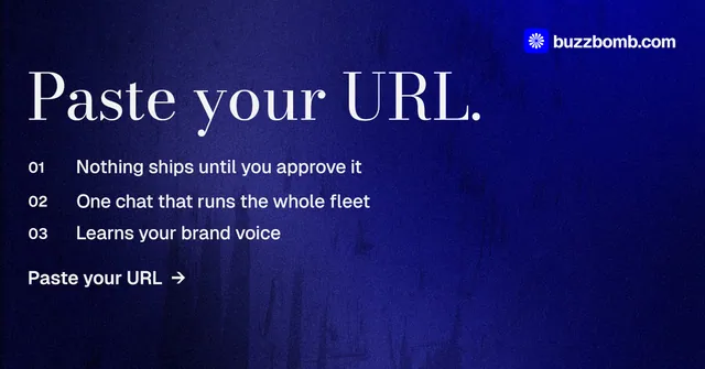 Social ad for BuzzBomb: "Paste your URL." Minimal luxury style, numbered layout, dark palette in blue.