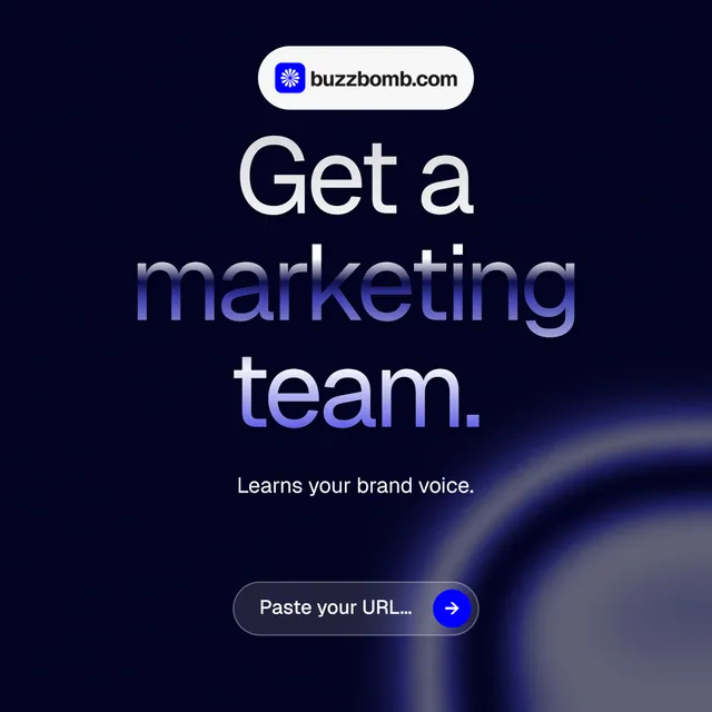 Instagram post for BuzzBomb: "Get a marketing team." Agentic glass style, centred layout, dark palette in black, blue.