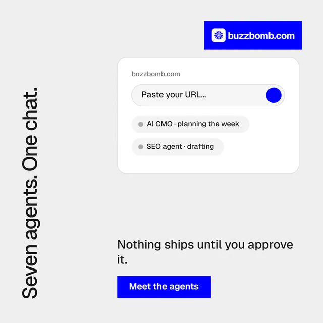 Instagram post for BuzzBomb: "Seven agents. One chat." Swiss style, vertical layout, light palette in white, blue.
