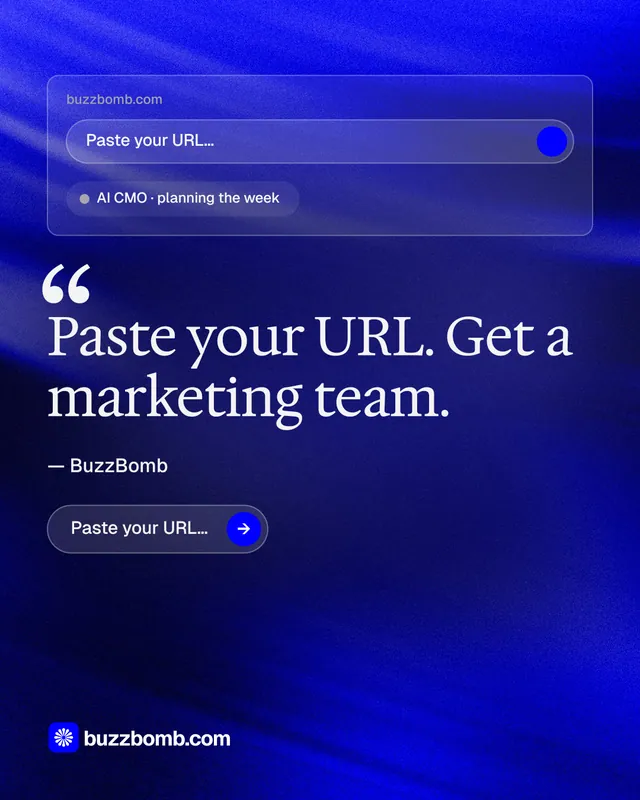Instagram portrait post for BuzzBomb: "Your AI marketing team." Agentic glass style, quote layout, dark palette in blue.