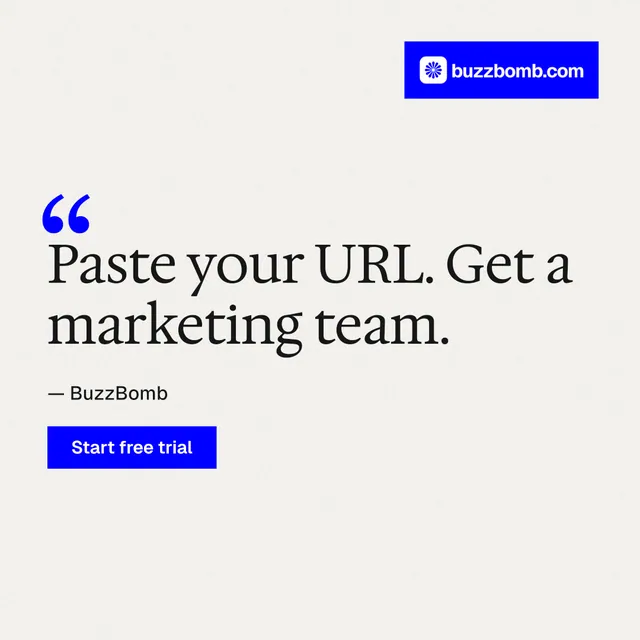 Instagram post for BuzzBomb: "Seven agents. One chat." Swiss style, quote layout, light palette in white, blue.