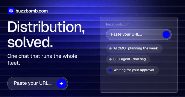Social ad for BuzzBomb: "Distribution, solved." Agentic glass style, bottom layout, dark palette in black, blue.