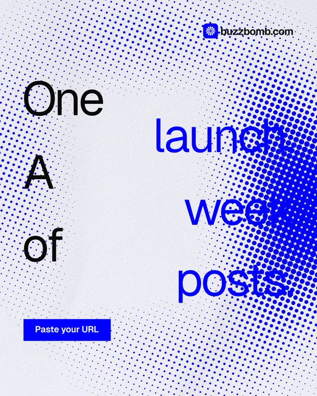 Instagram portrait post for BuzzBomb: "One launch. A week of posts." Swiss style, stacked layout, light palette in blue, white.