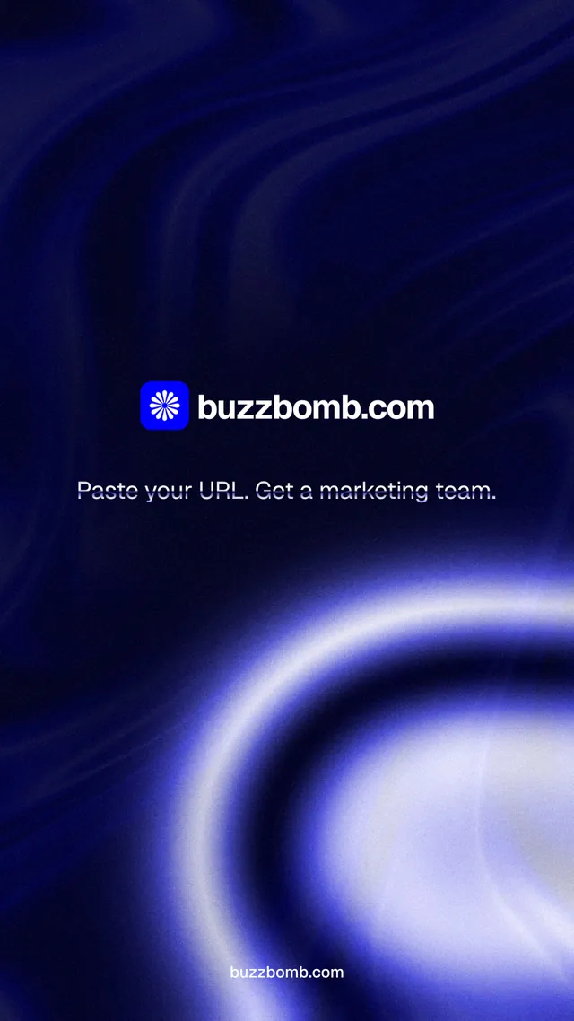 Instagram story for BuzzBomb: "Distribution, solved." Agentic glass style, end card layout, dark palette in blue, black.