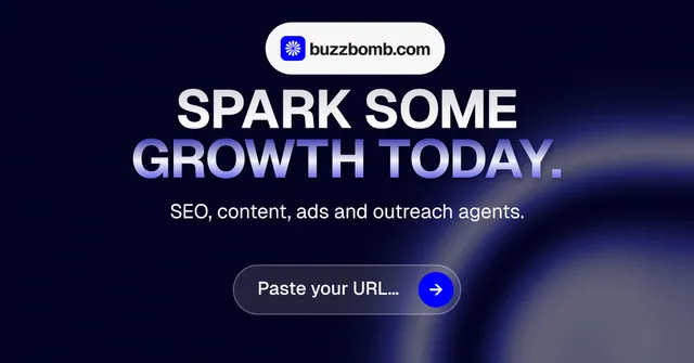 Social ad for BuzzBomb: "Spark some growth today." Agentic glass style, centred layout, dark palette in black, grey, blue.