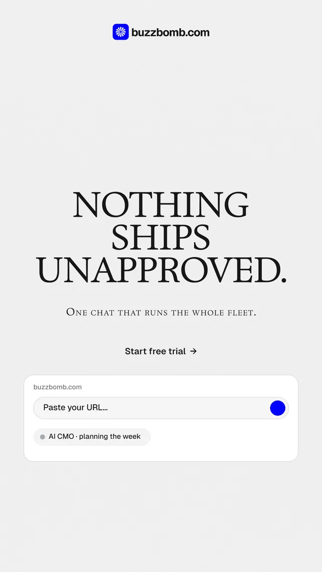 Instagram story for BuzzBomb: "Nothing ships unapproved." Swiss style, smallcaps layout, light palette in white.