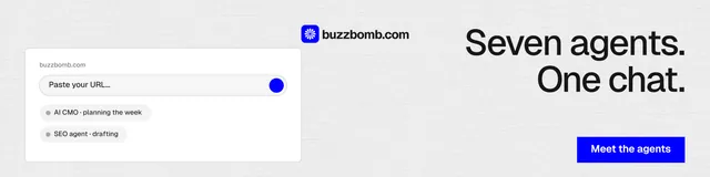LinkedIn banner for BuzzBomb: "Seven agents. One chat." Swiss style, right layout, light palette in white, blue.