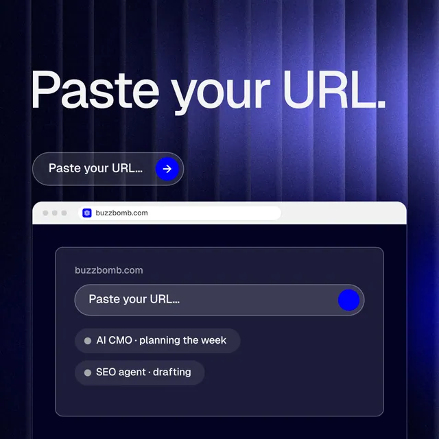 Instagram post for BuzzBomb: "Paste your URL." Agentic glass style, browser layout, dark palette in blue, black.