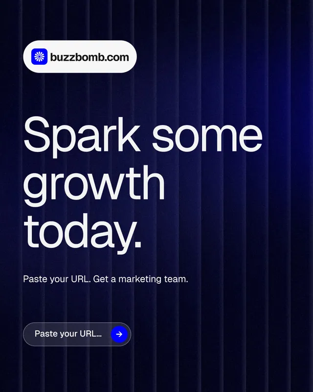 Instagram portrait post for BuzzBomb: "Spark some growth today." Agentic glass style, announce layout, dark palette in black, blue, grey.