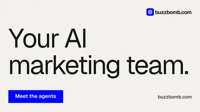 Landscape graphic for BuzzBomb: "Your AI marketing team." Swiss style, poster layout, light palette in white, grey.