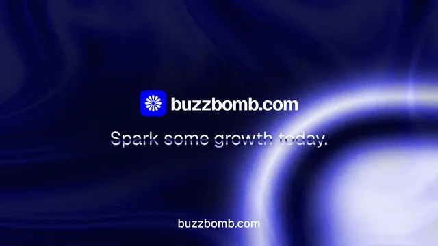 Landscape graphic for BuzzBomb: "Spark some growth today." Agentic glass style, end card layout, dark palette in black, blue.