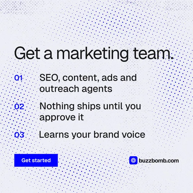 Instagram post for BuzzBomb: "Get a marketing team." Swiss style, numbered layout, light palette in white, blue.