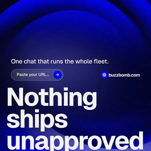 Instagram post for BuzzBomb: "One launch. A week of posts." Agentic glass style, oversized layout, dark palette in blue.