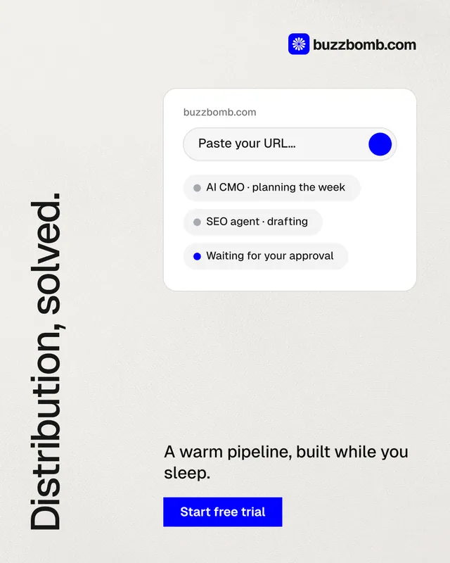 Instagram portrait post for BuzzBomb: "Distribution, solved." Swiss style, vertical layout, light palette in white, grey.