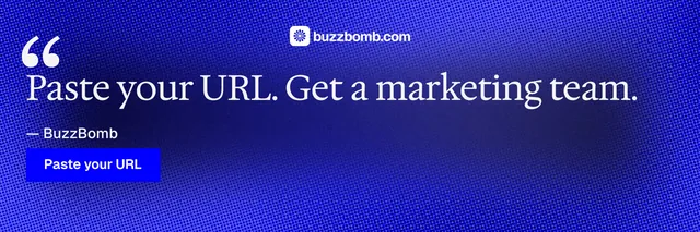 X header for BuzzBomb: "Get a marketing team." Swiss style, quote layout, dark palette in blue.