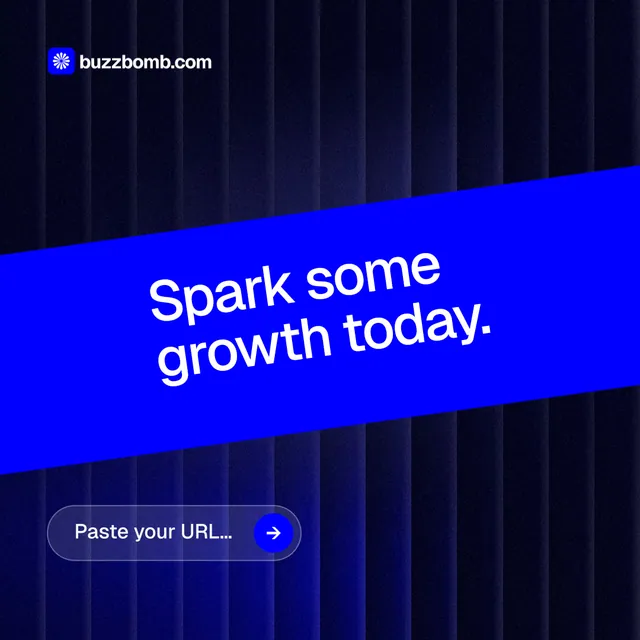 Instagram post for BuzzBomb: "Spark some growth today." Agentic glass style, diagonal layout, dark palette in black, blue.