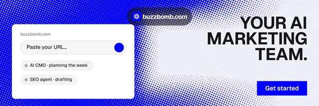 X header for BuzzBomb: "Your AI marketing team." Swiss style, right layout, light palette in white, blue.