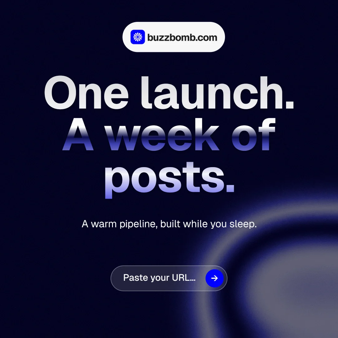 Instagram post for BuzzBomb: "One launch. A week of posts." Agentic glass style, centred layout, dark palette in black, blue.