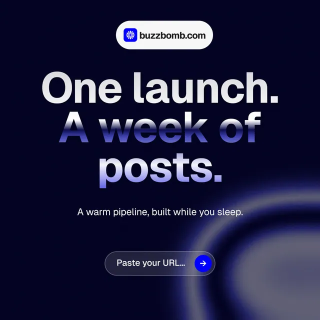 Instagram post for BuzzBomb: "One launch. A week of posts." Agentic glass style, centred layout, dark palette in black, blue.