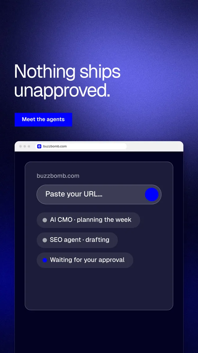 Instagram story for BuzzBomb: "Nothing ships unapproved." Swiss style, browser layout, dark palette in blue, black.