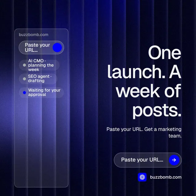 Instagram post for BuzzBomb: "One launch. A week of posts." Agentic glass style, right layout, dark palette in blue, black.