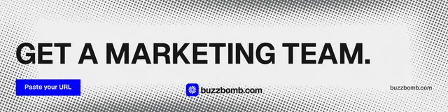 LinkedIn banner for BuzzBomb: "Get a marketing team." Split block style, poster layout, light palette in white, grey.