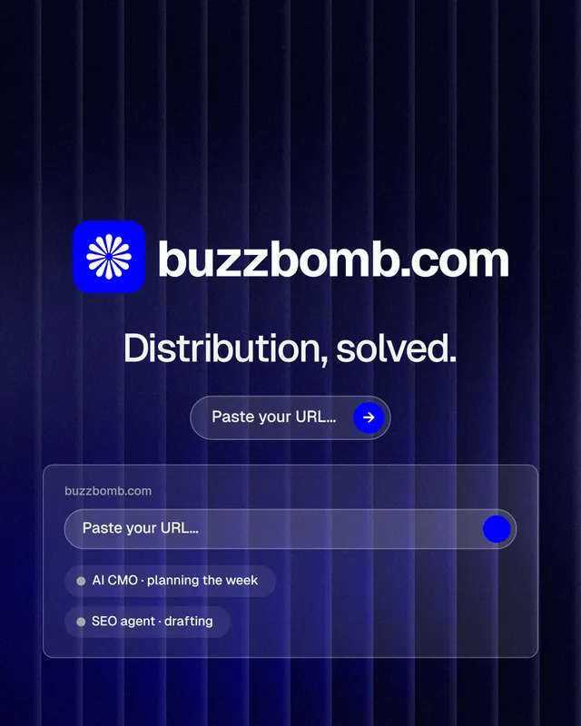 Instagram portrait post for BuzzBomb: "Distribution, solved." Agentic glass style, logo hero layout, dark palette in black, blue.