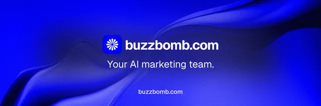 X header for BuzzBomb: "Your AI marketing team." Swiss style, end card layout, dark palette in blue.