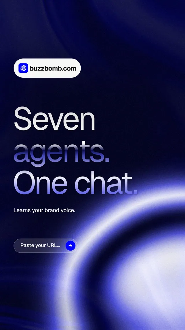 Instagram story for BuzzBomb: "Seven agents. One chat." Agentic glass style, announce layout, dark palette in blue, black.