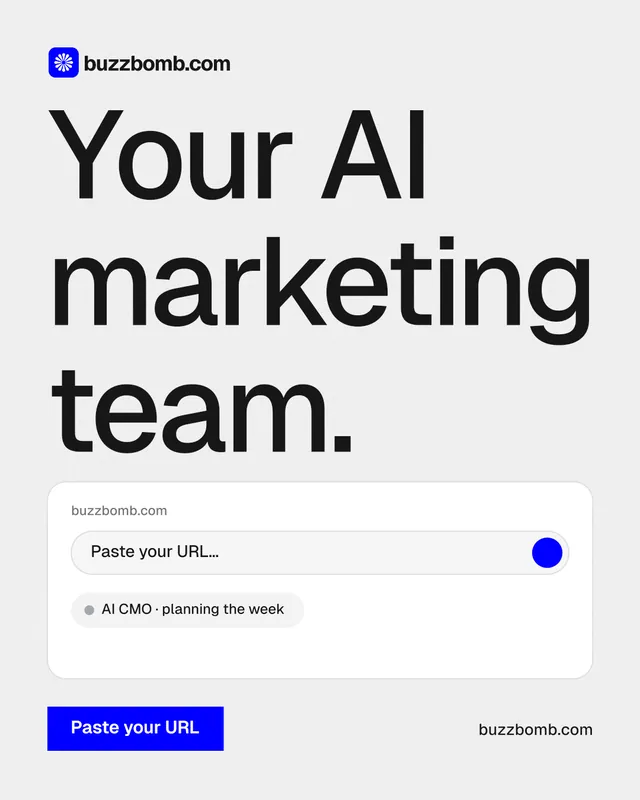 Instagram portrait post for BuzzBomb: "Your AI marketing team." Swiss style, poster layout, light palette in white, grey.