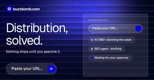 Social ad for BuzzBomb: "Distribution, solved." Agentic glass style, bottom layout, dark palette in blue, black.