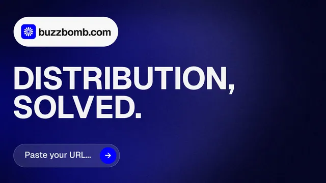 Landscape graphic for BuzzBomb: "Distribution, solved." Agentic glass style, announce layout, dark palette in blue, black, grey.