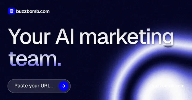 Social ad for BuzzBomb: "Your AI marketing team." Agentic glass style, poster layout, dark palette in black, blue.
