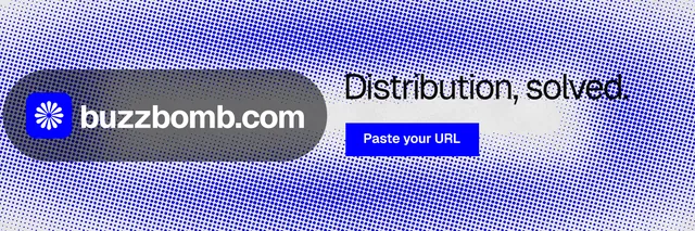 X header for BuzzBomb: "Distribution, solved." Swiss style, logo hero layout, light palette in blue.