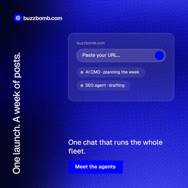 Instagram post for BuzzBomb: "One launch. A week of posts." Swiss style, vertical layout, dark palette in blue.