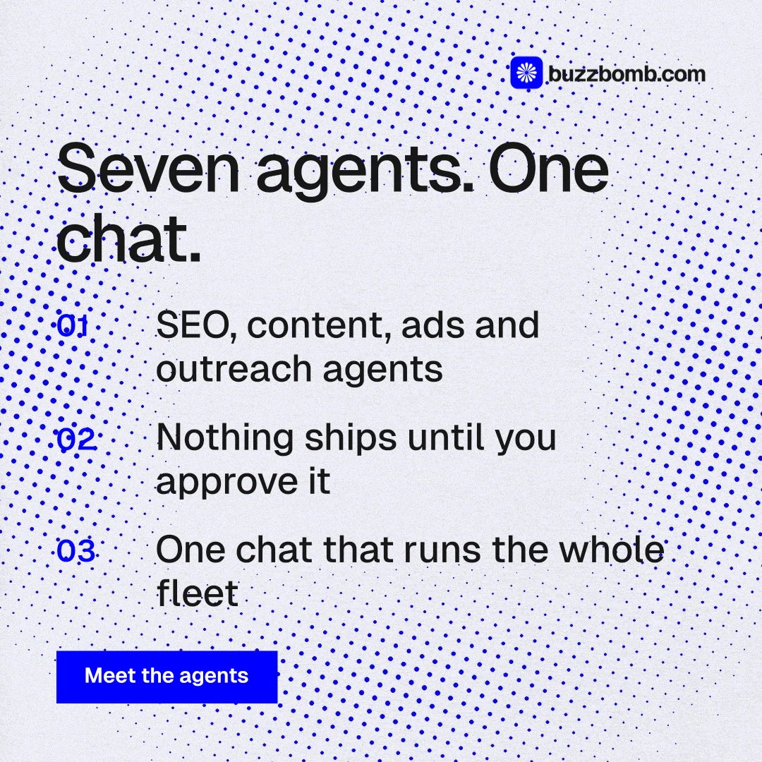Instagram post for BuzzBomb: "Seven agents. One chat." Swiss style, numbered layout, light palette in blue, white.