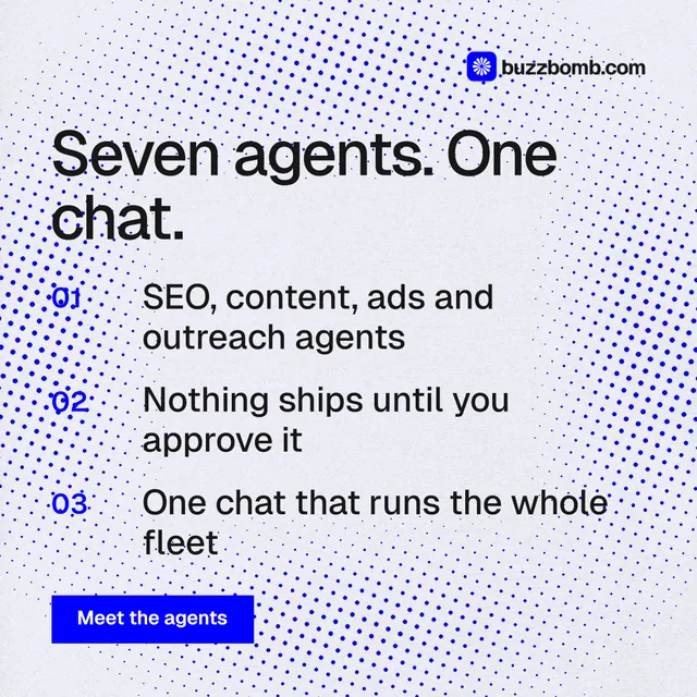 Instagram post for BuzzBomb: "Seven agents. One chat." Swiss style, numbered layout, light palette in blue, white.