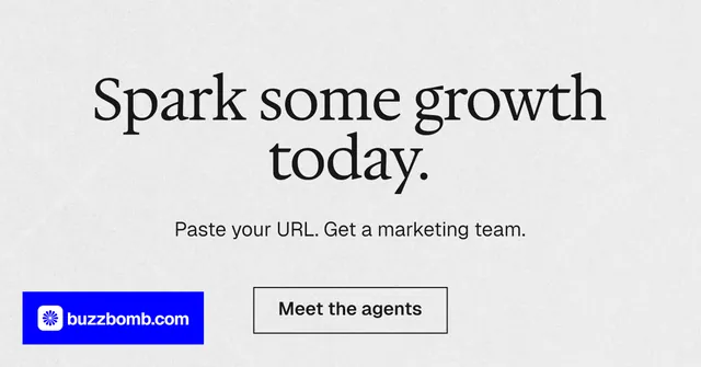 Social ad for BuzzBomb: "Spark some growth today." Editorial style, centred layout, light palette in white, blue.