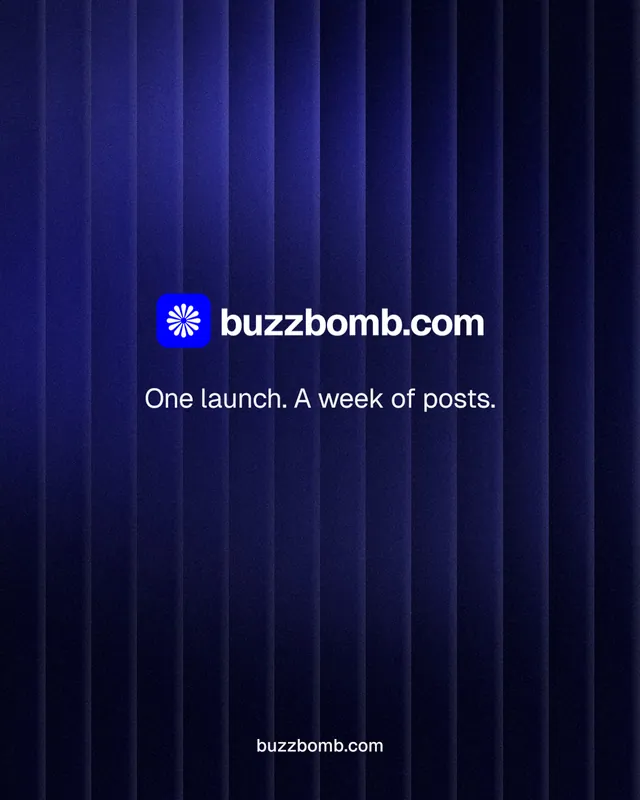 Instagram portrait post for BuzzBomb: "One launch. A week of posts." Agentic glass style, end card layout, dark palette in black, blue.