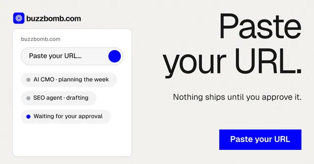 Social ad for BuzzBomb: "Paste your URL." Swiss style, right layout, light palette in white, blue.